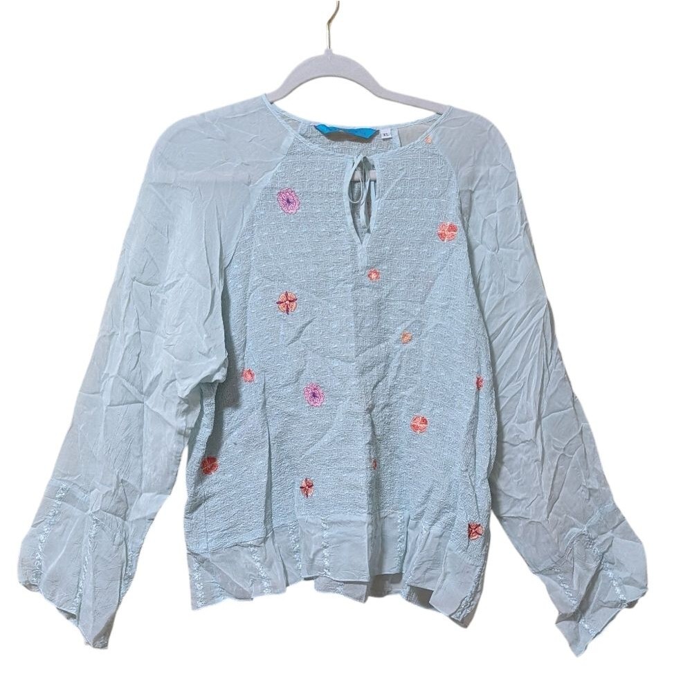Johnny Was floral embroidered top semi sheer keyhole tie ditzy dainty size XL - Picture 11 of 11